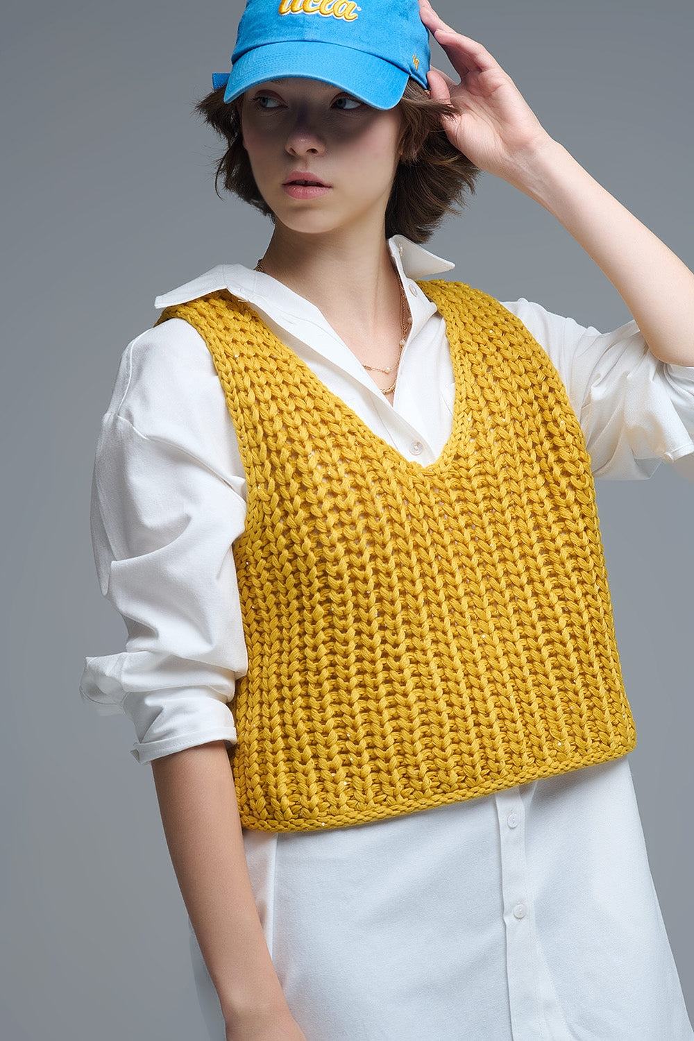 Chaleco Crochet Amarillo Con Hilo De Lentejuelas