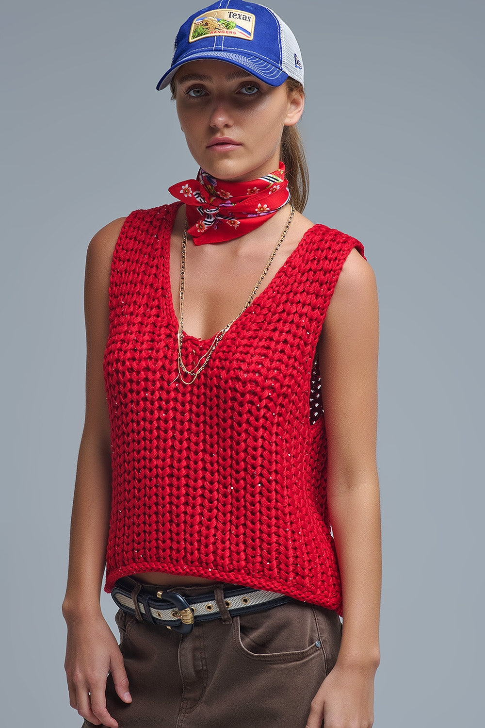 Chaleco Crochet Rojo Con Hilo De Lentejuelas