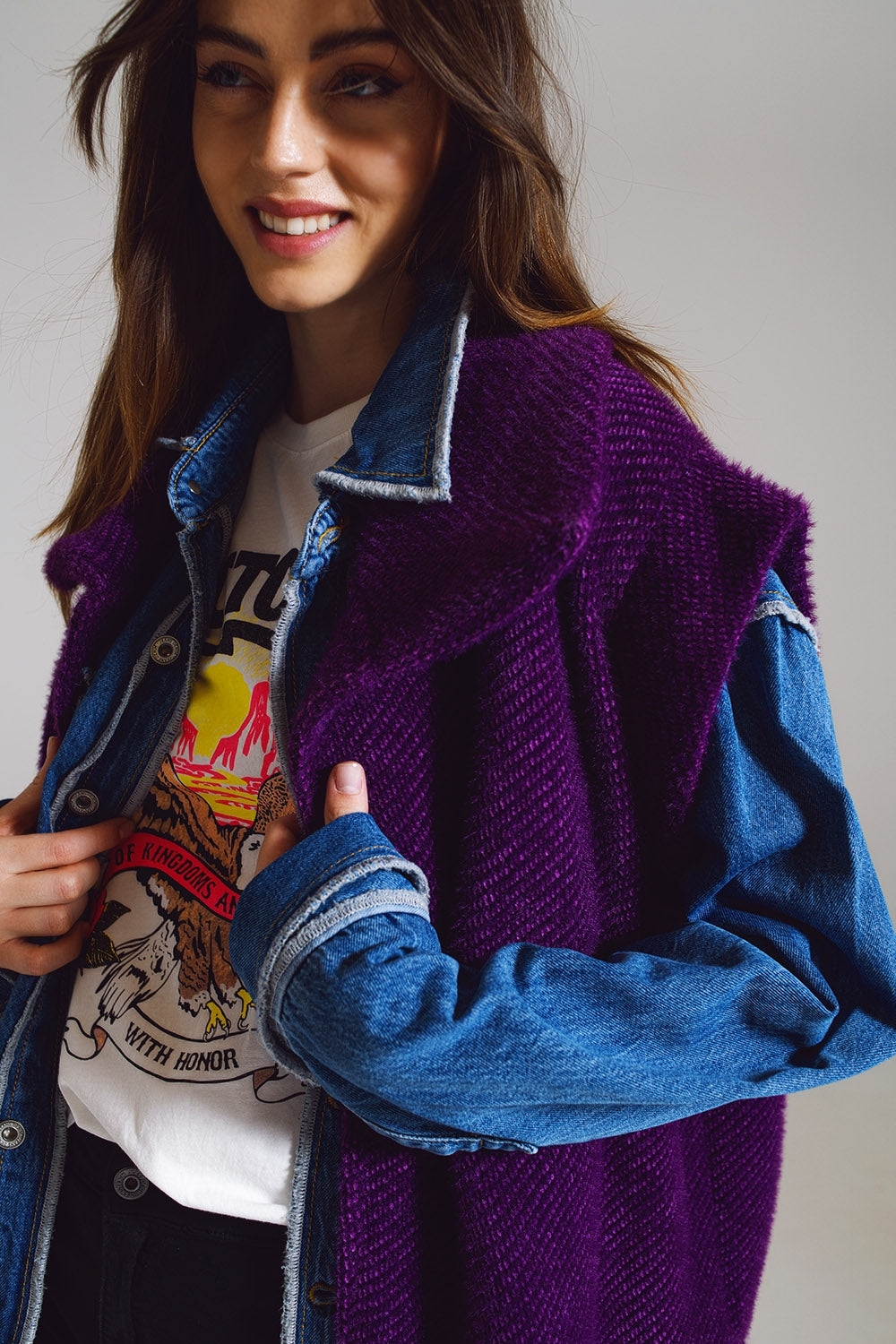 Chaleco de espiga abierto con cuello estilo chal en color morado