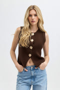 Chaleco de punto marrón con botones dorados - Tops - detalle