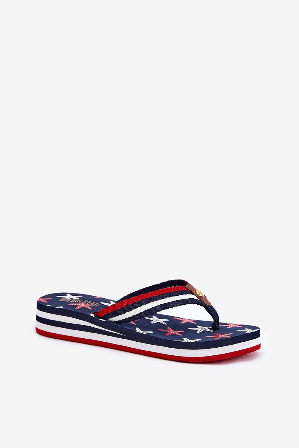 Vista lateral de las chanclas Big Star con cuña y tiras tricolor