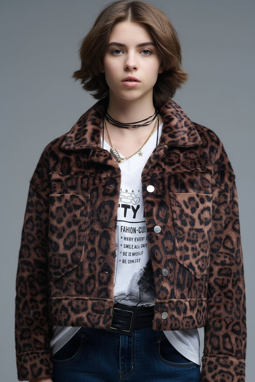 Q2 Chaqueta abotonada de felpa sintética con atrevido estampado de leopardo
