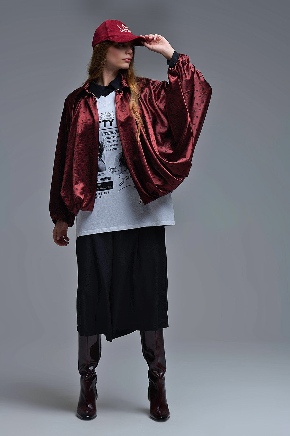 Chaqueta bomber de satén con lunares en burdeos - Abrigos y chaquetas - detalle