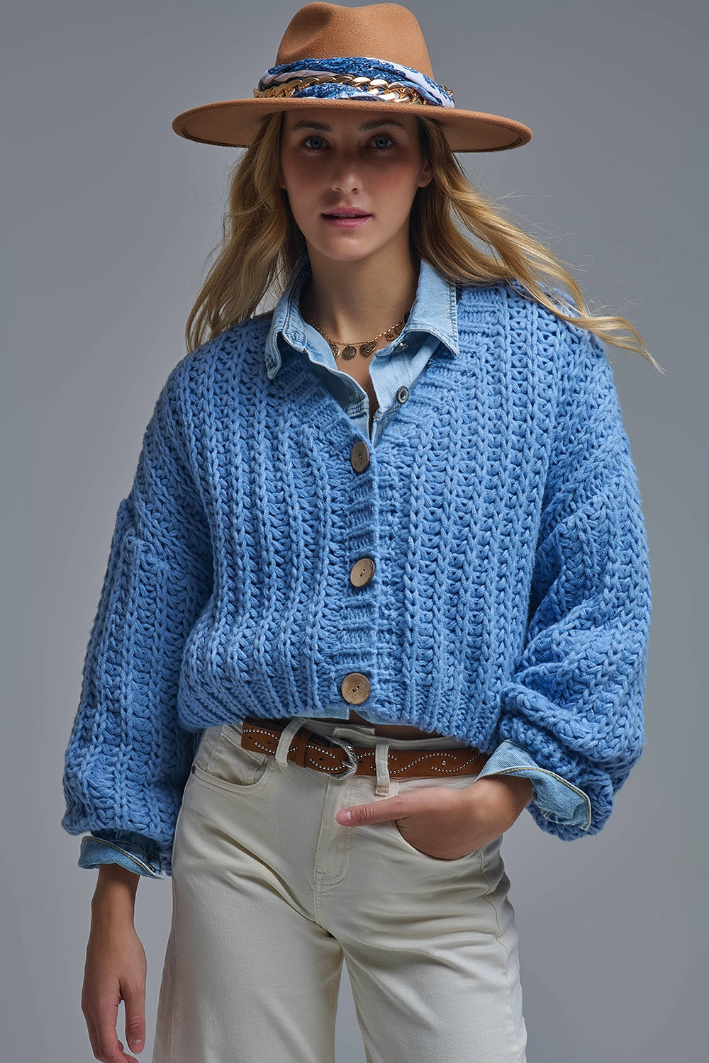 Q2 Chaqueta de punto abierto Chunky Cardigan En azul