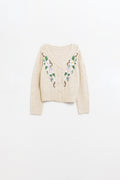 Q2 Chaqueta de punto beige con flores bordadas