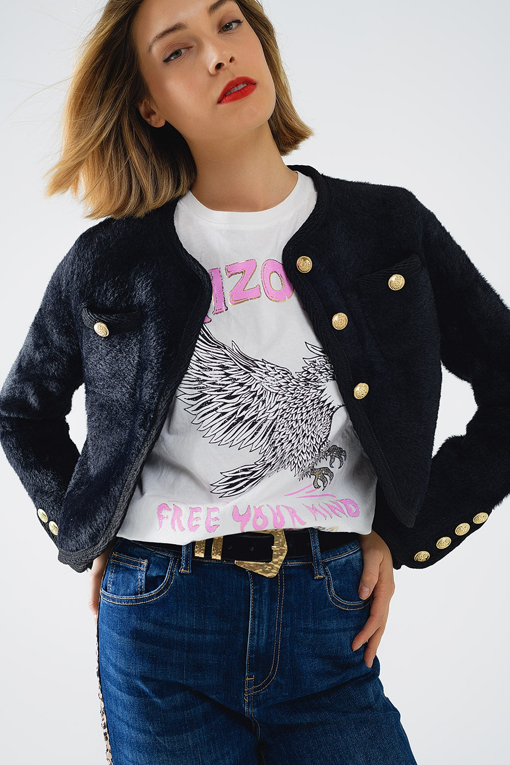 Chaqueta de punto extra suave y esponjosa de alta calidad en negro