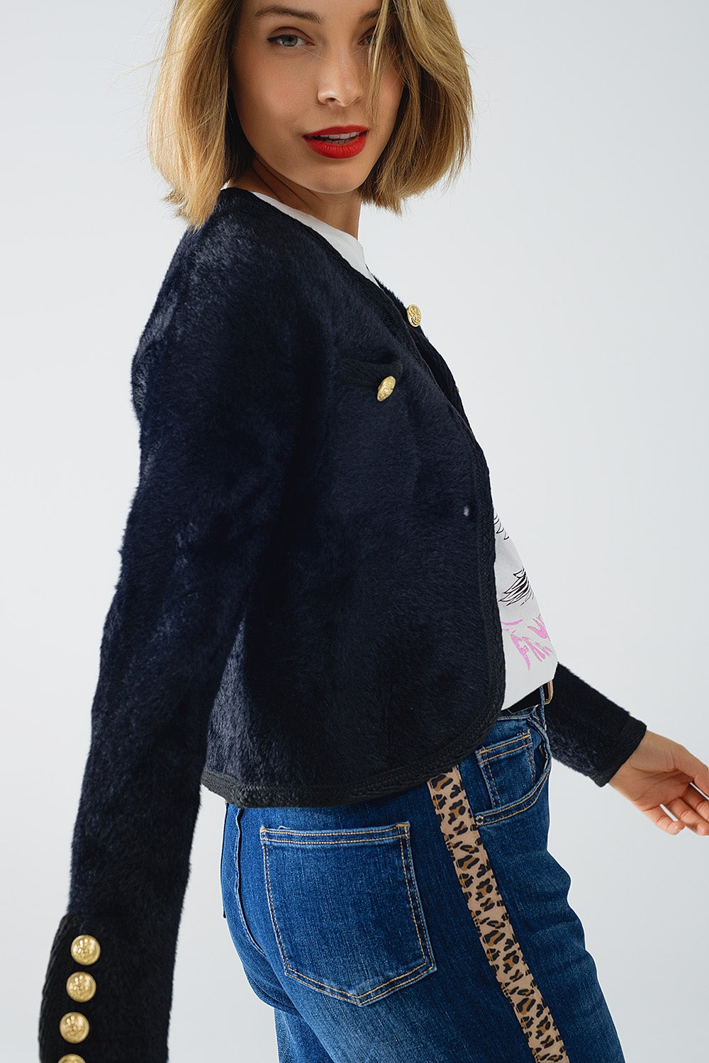 Chaqueta de punto extra suave y esponjosa de alta calidad en negro