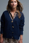 Q2 Chaqueta de punto grueso azul marino con mezcla de grandes botones dorados