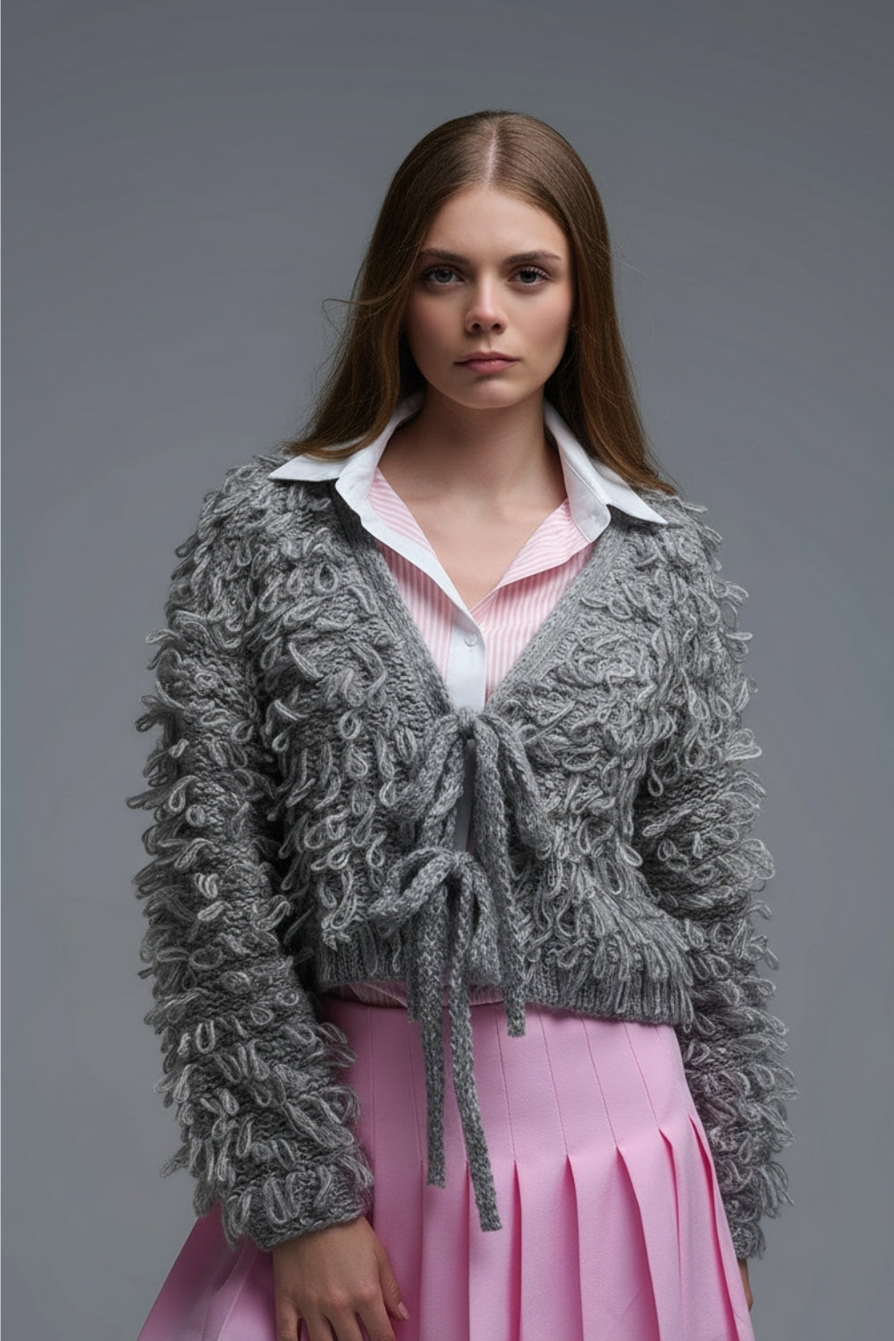 Chaqueta de punto grueso en gris con cuello en V y cierre de lazo frontal
