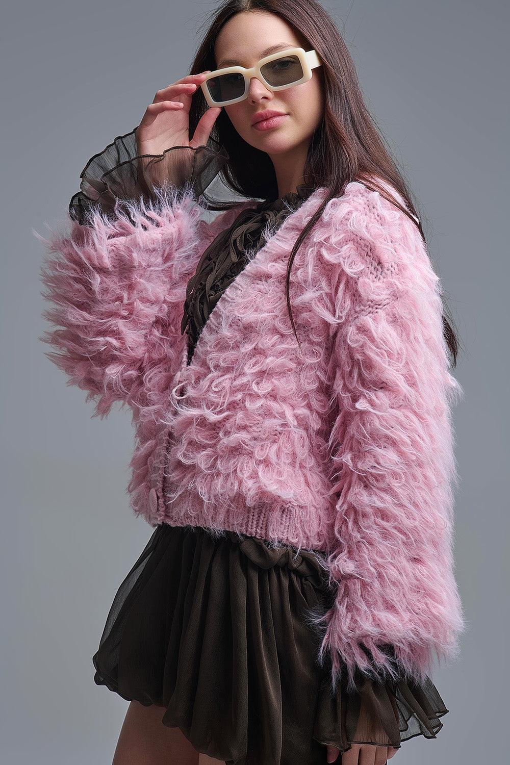 Q2 Chaqueta de punto mullida estilo shag en rosa