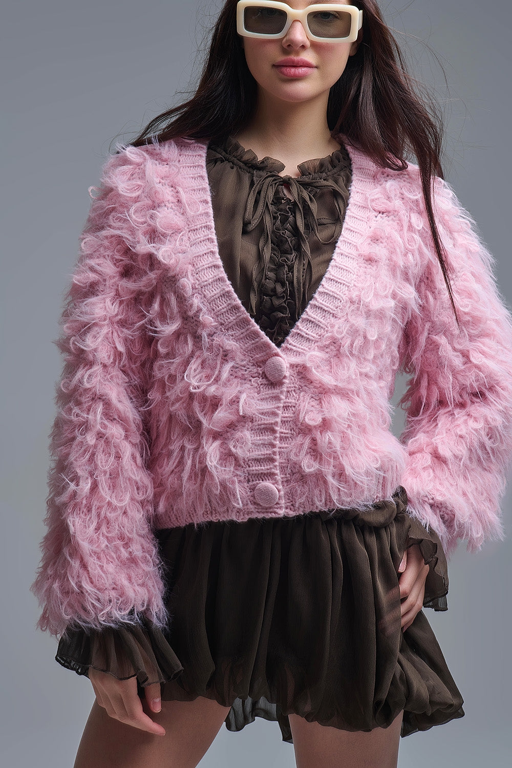 Chaqueta de punto mullida estilo shag en rosa