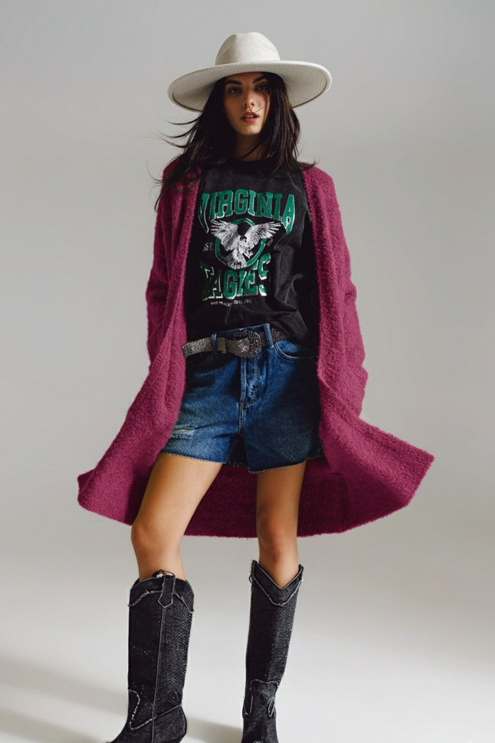 cárdigan largo fucsia de punto de rizo grueso con bolsillos