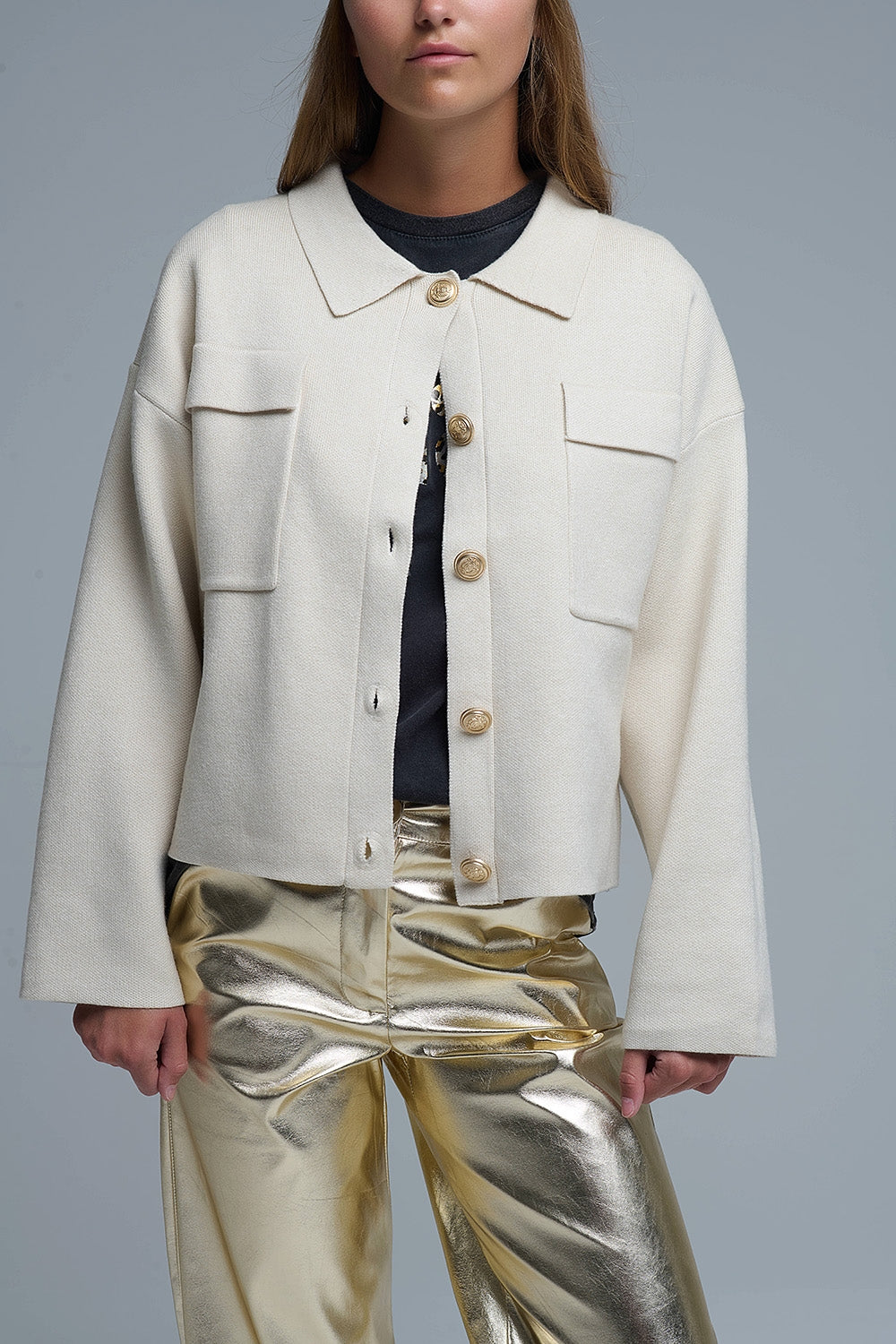 Q2 Chaqueta formal de punto relajada con bolsillos en el pecho en beige