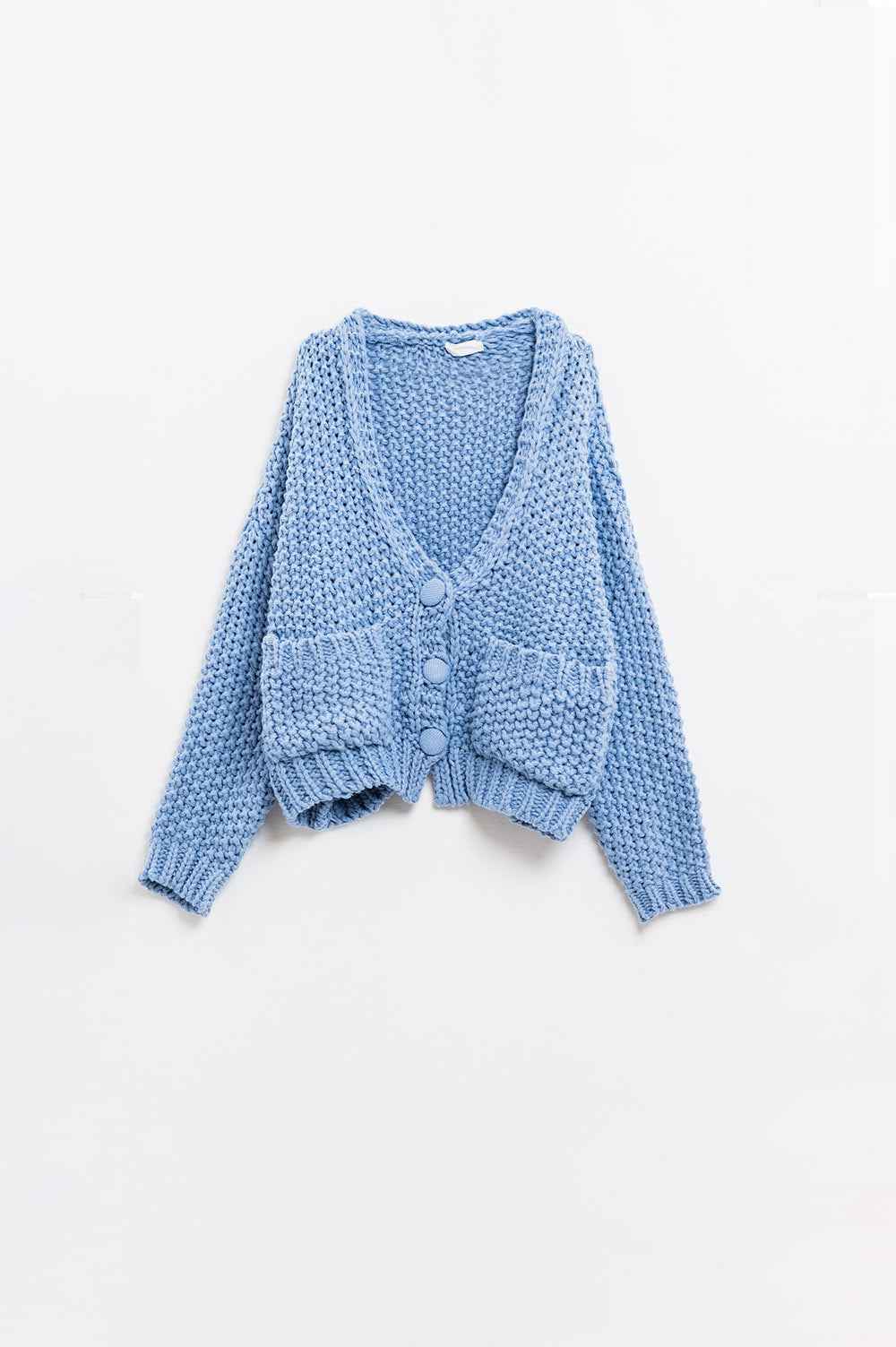 Chaqueta oversize de punto grueso azul claro con bolsillos