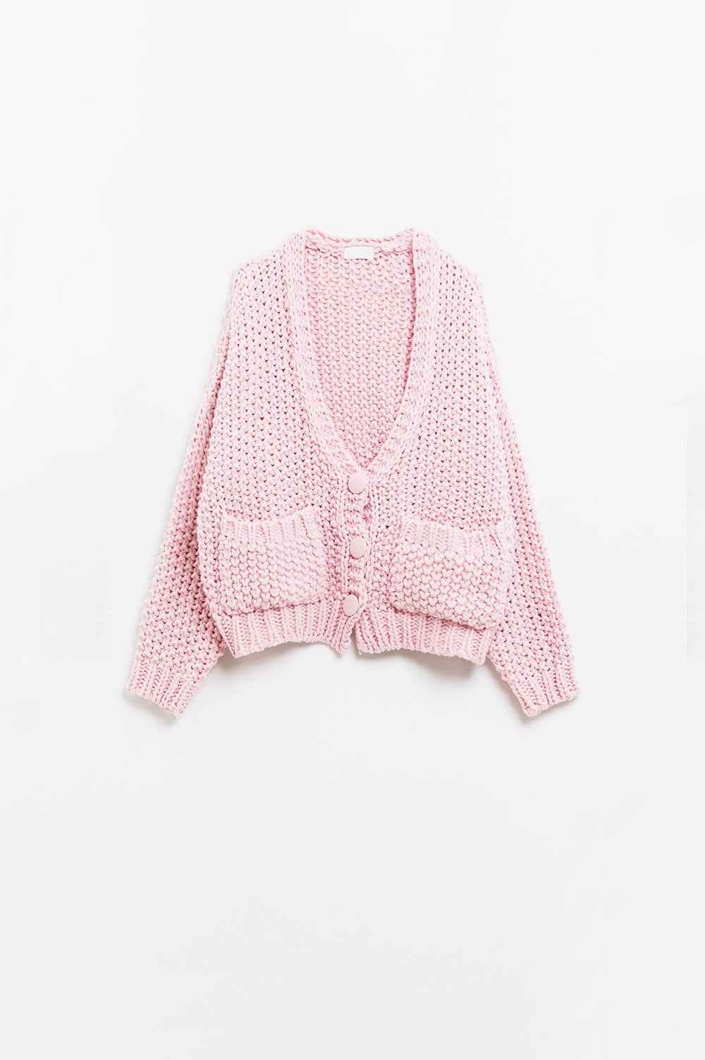 Chaqueta oversize de punto grueso rosa con bolsillos