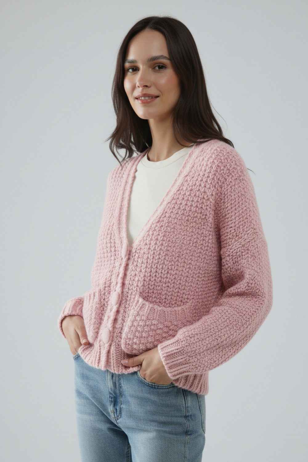 Chaqueta oversize de punto grueso rosa con bolsillos
