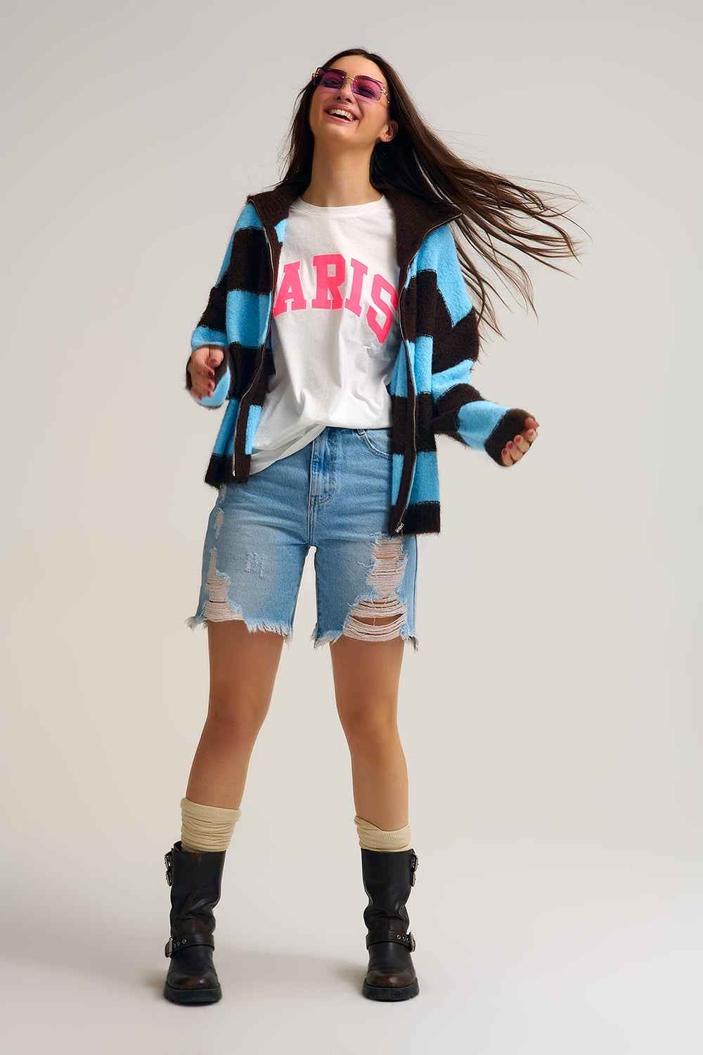 Chaqueta de punto azul con cremallera y rayas marrones