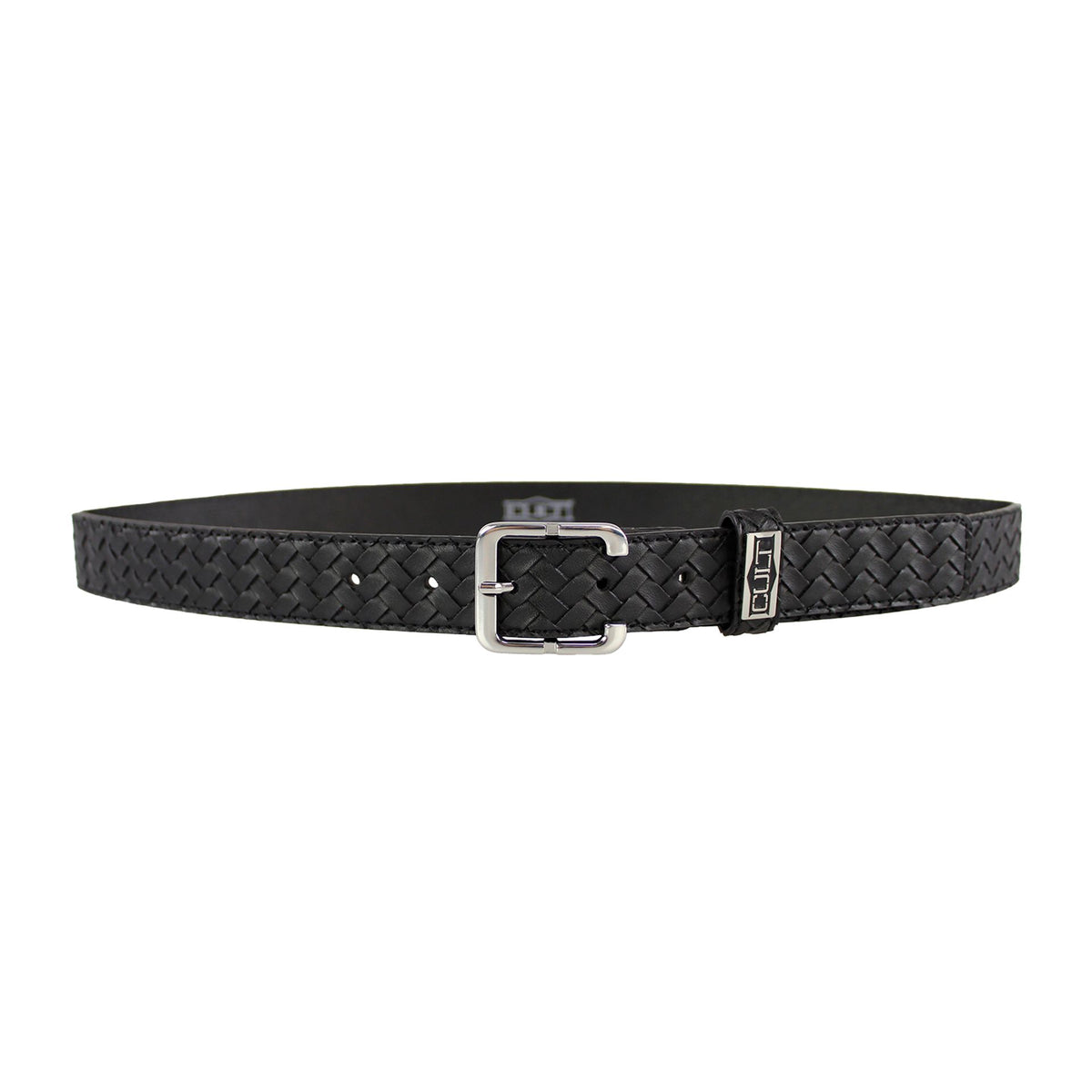 Cinturón CULT negro de cuero sintético con diseño trenzado y hebilla plateada.