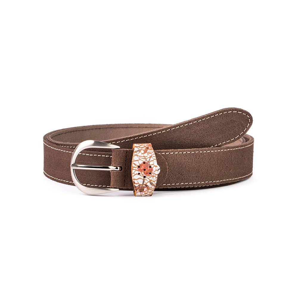 Cinturón de piel marrón chocolate para mujer con pasador de estampado floral, hebilla plateada, Váltico.