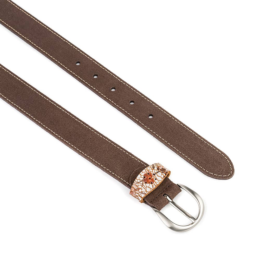 Cinturón de piel marrón chocolate para mujer con pasador de estampado floral, hebilla plateada, Váltico.