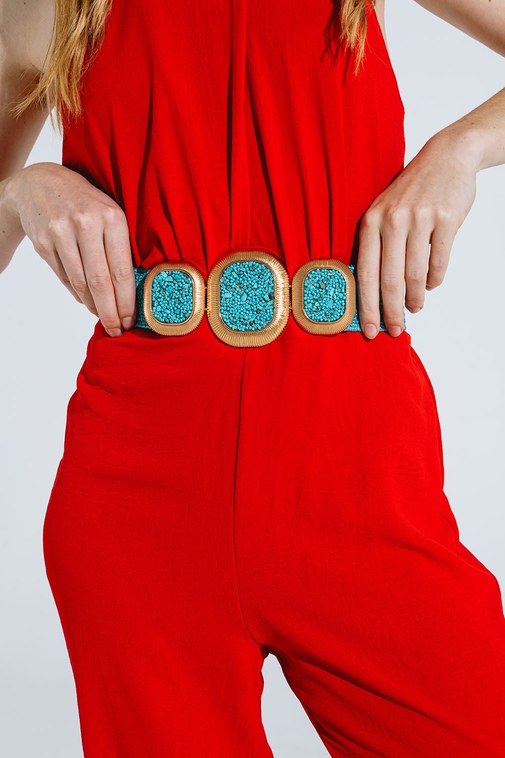 Cinturón Tejido Turquesa Con Hebilla Rectangular Con Abalorios