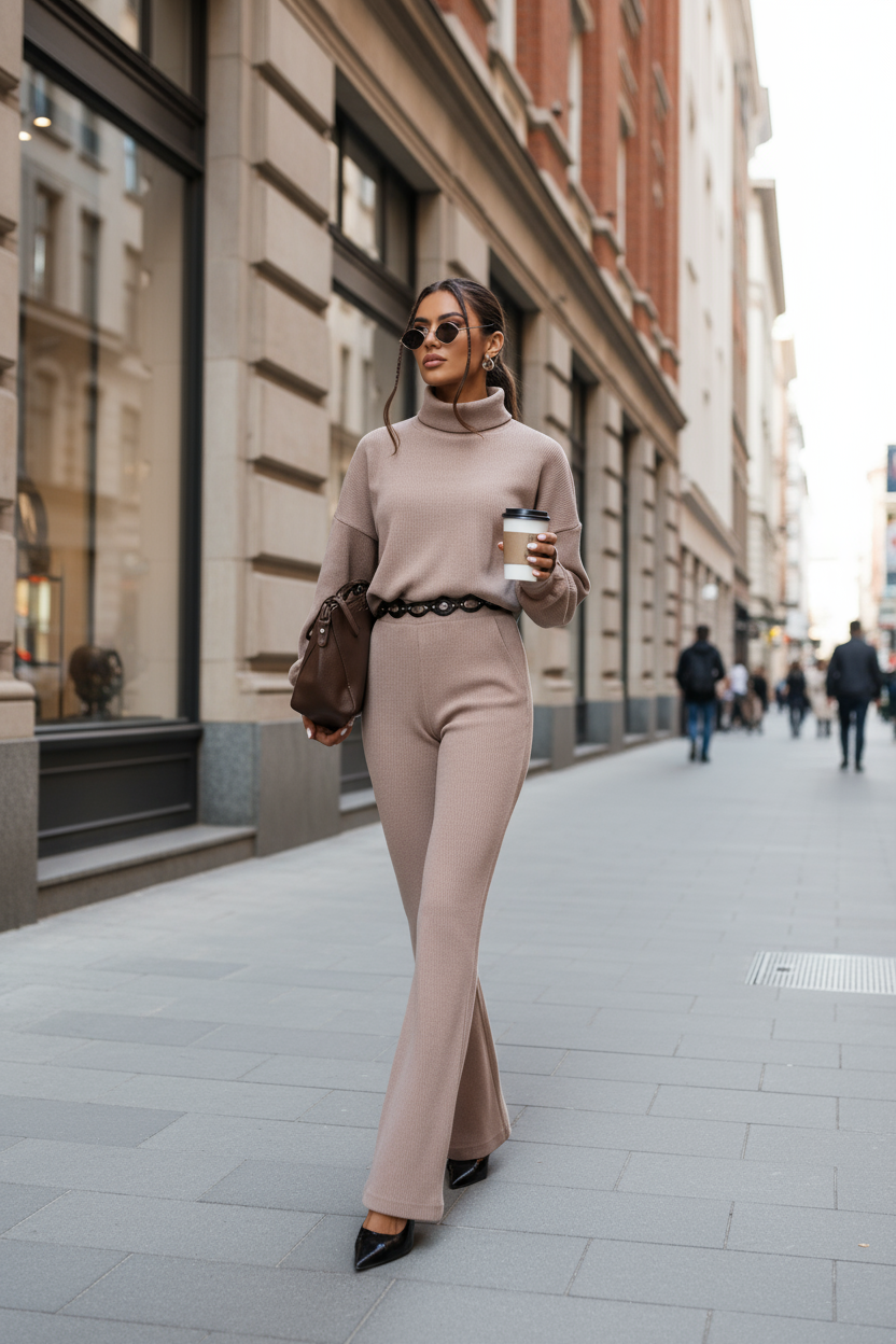 conjunto beige jersey cuello alto y pantalon flare