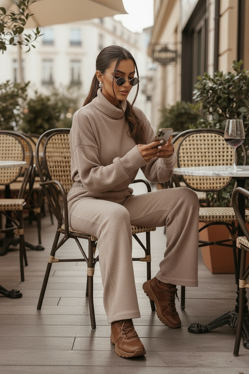 conjunto beige jersey cuello alto y pantalon flare