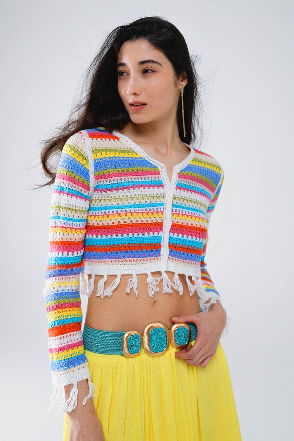 Q2 Cropped Crochet Cardigan A Rayas Multicolor