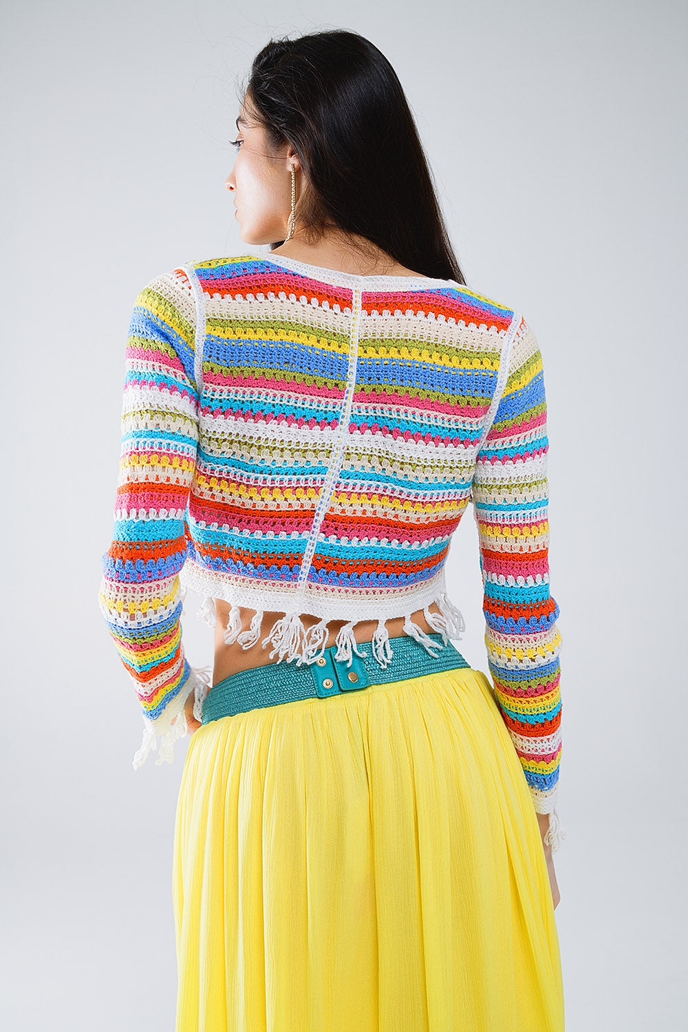 Cropped Crochet Cardigan A Rayas Multicolor