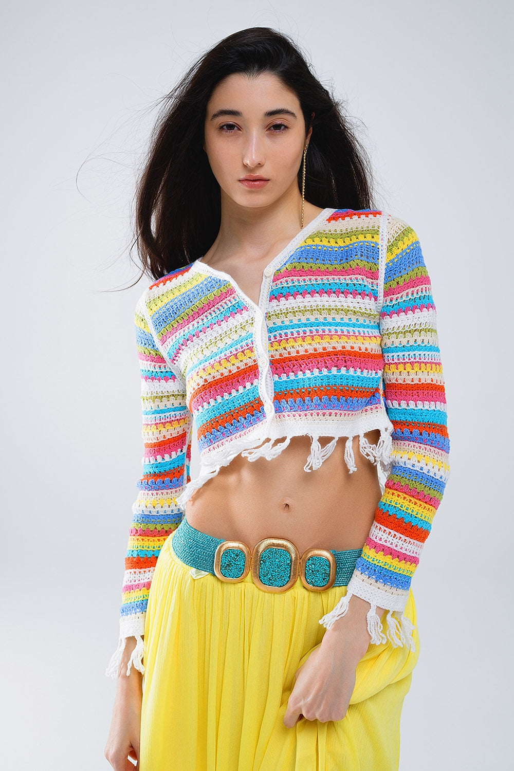 Cropped Crochet Cardigan A Rayas Multicolor