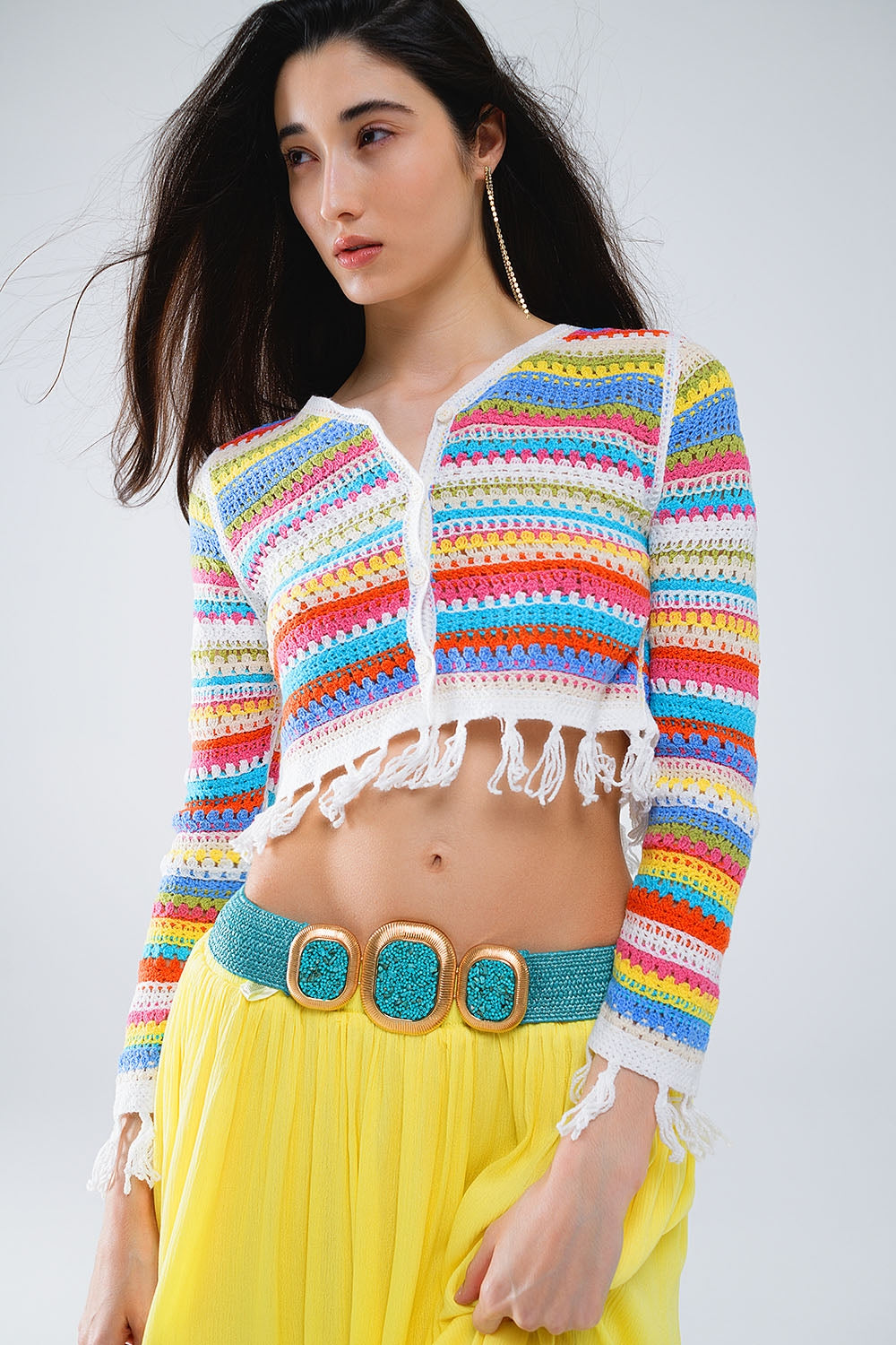 Cropped Crochet Cardigan A Rayas Multicolor