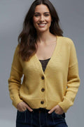 Cuello en V Basic amarillo Chaqueta abotonada de punto mullido