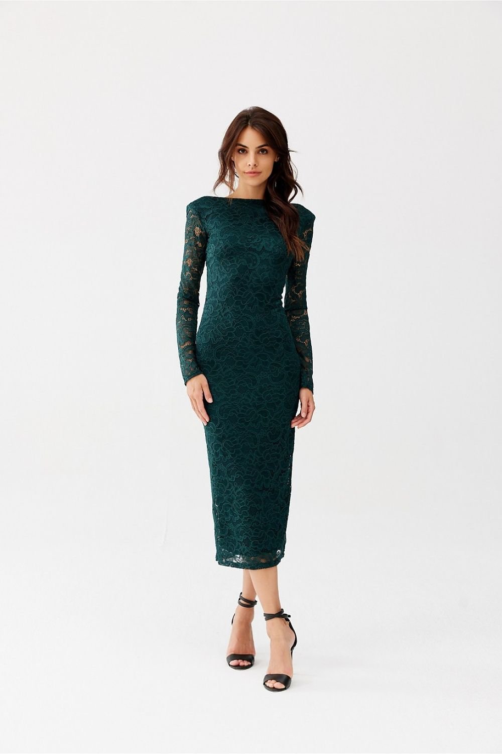 Vestido midi de encaje verde elegante con espalda descubierta y abertura trasera