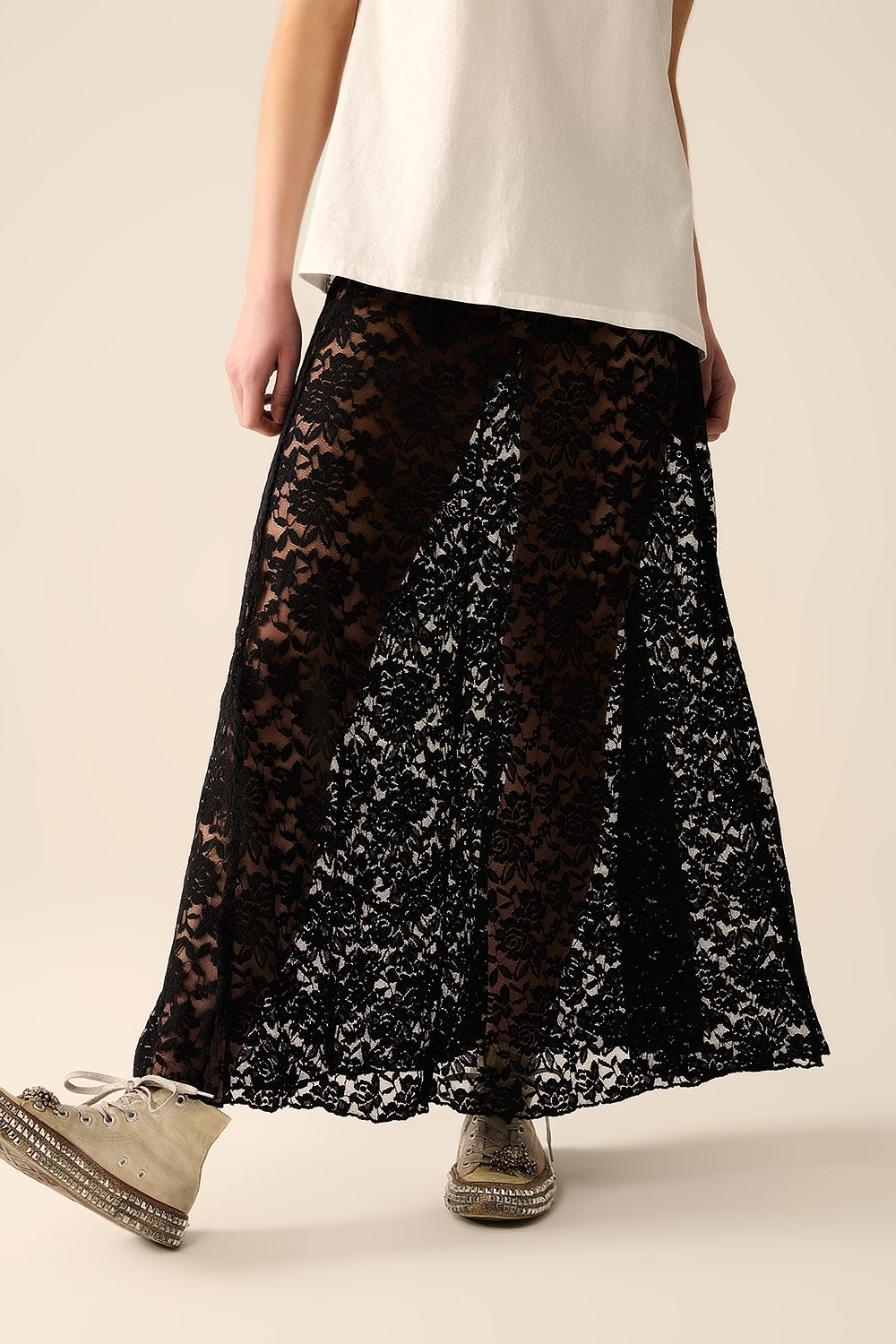 Q2 falda larga de encaje negro a la moda