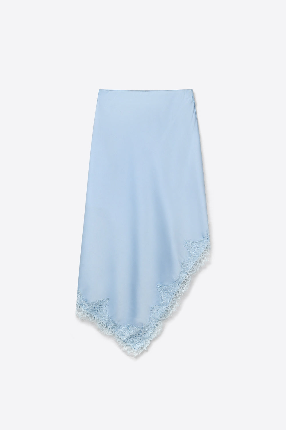 falda midi de satén azul claro con bajo asimétrico de encaje