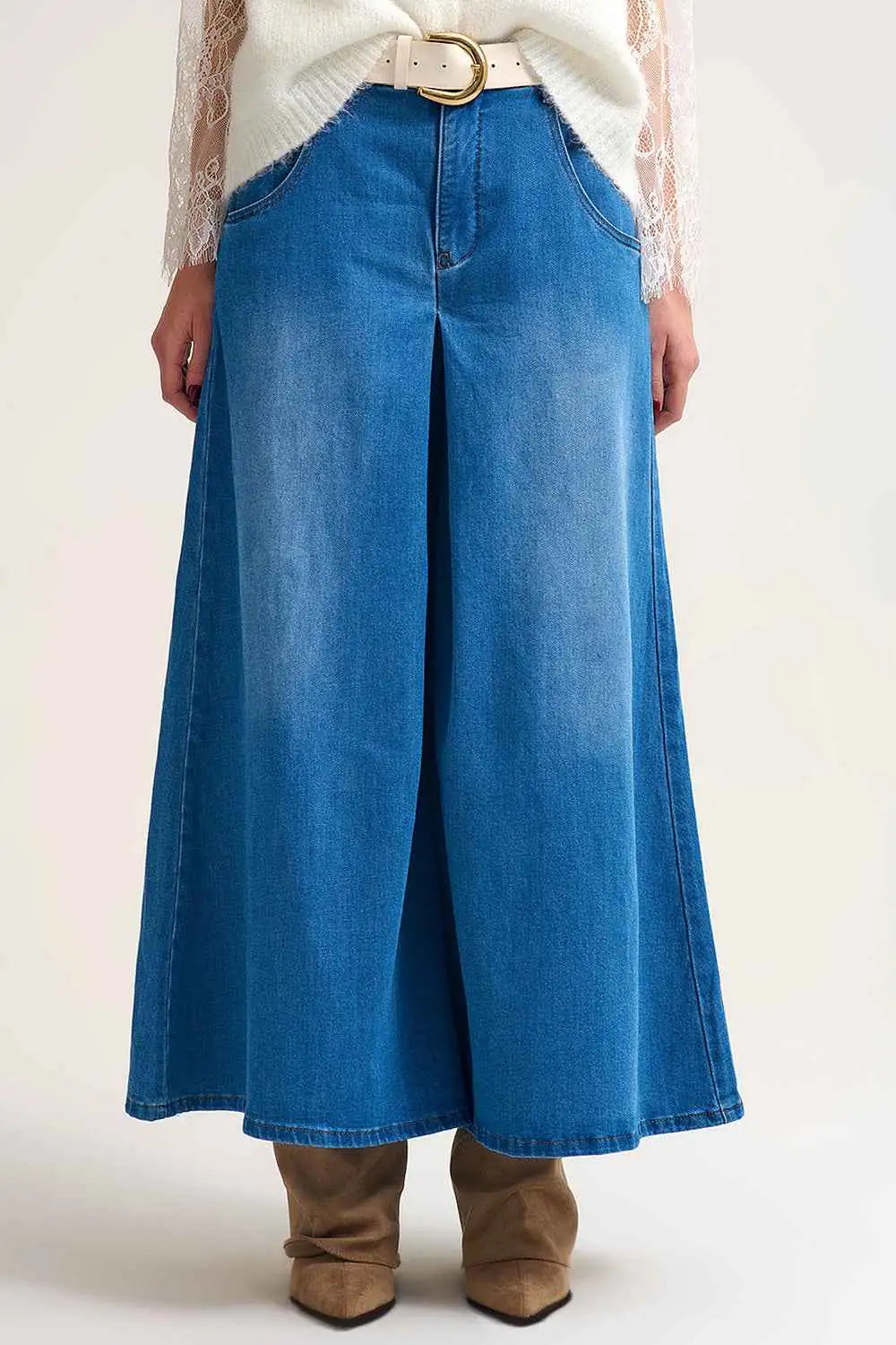 Falda pantalon vaquera extra ancha con pliegue delantero