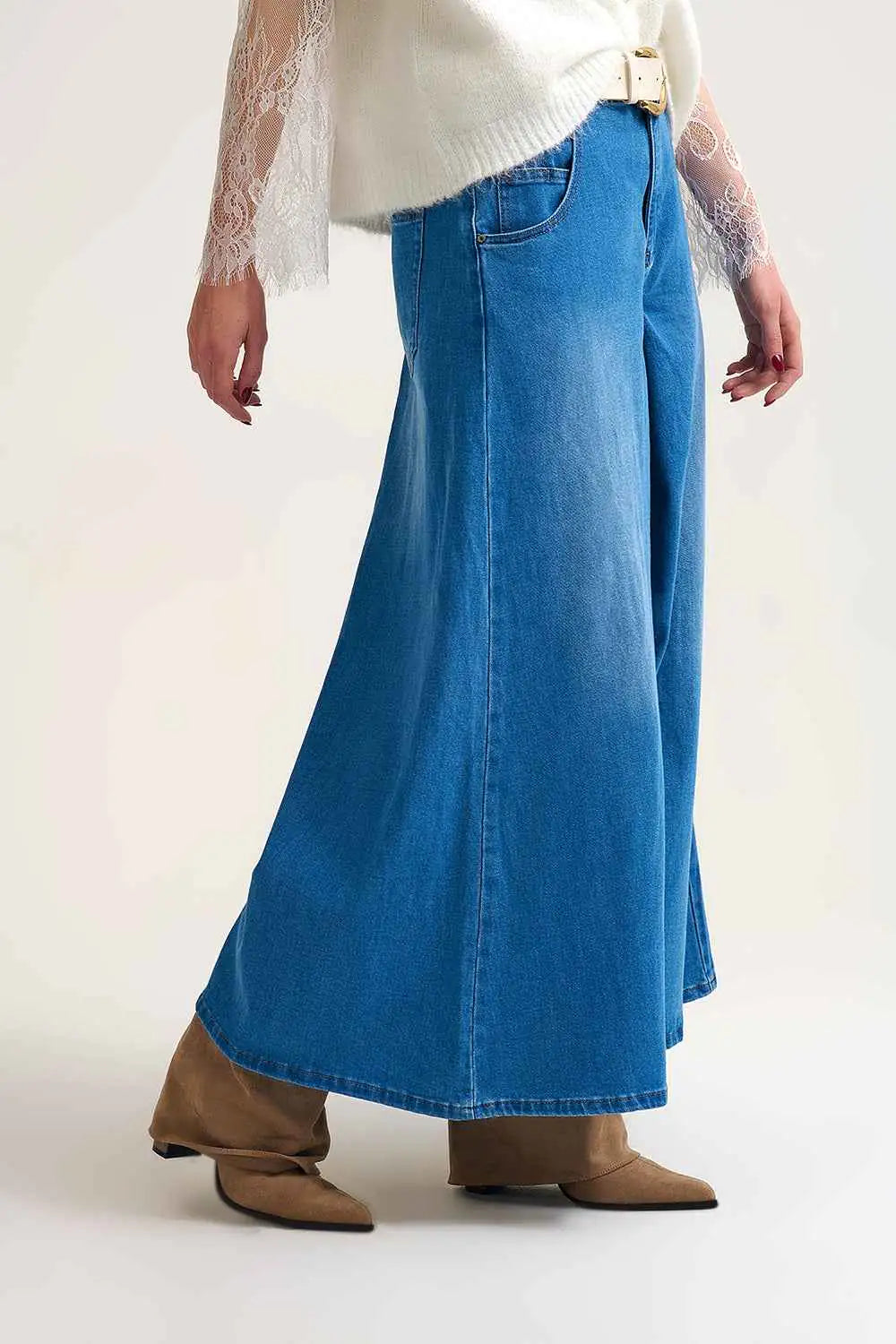 Falda pantalon vaquera extra ancha con pliegue delantero
