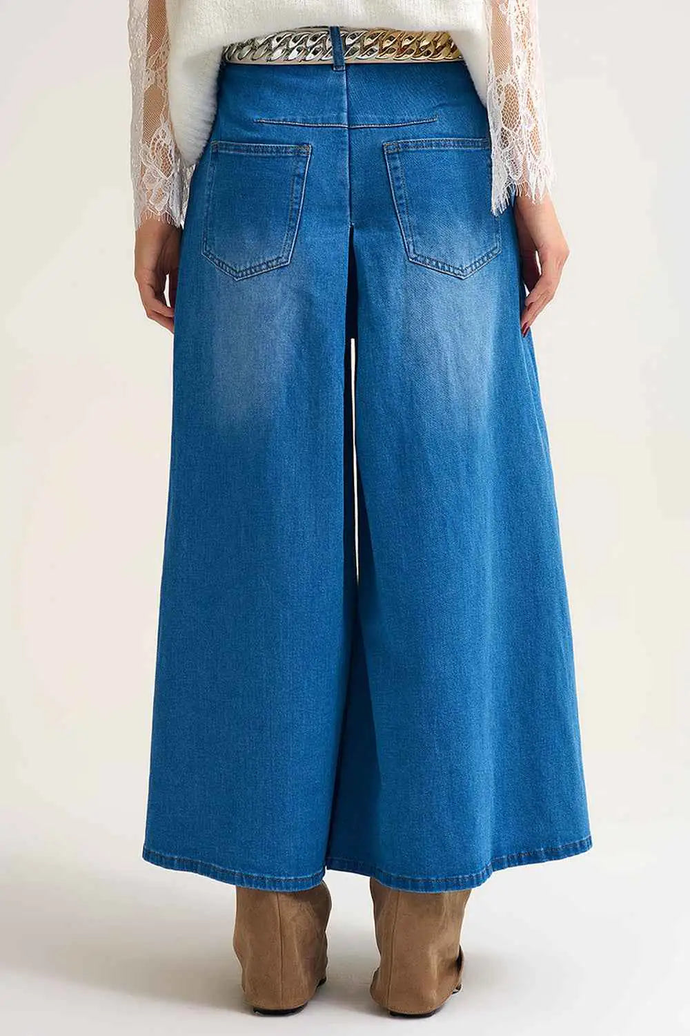 Falda pantalon vaquera extra ancha con pliegue delantero