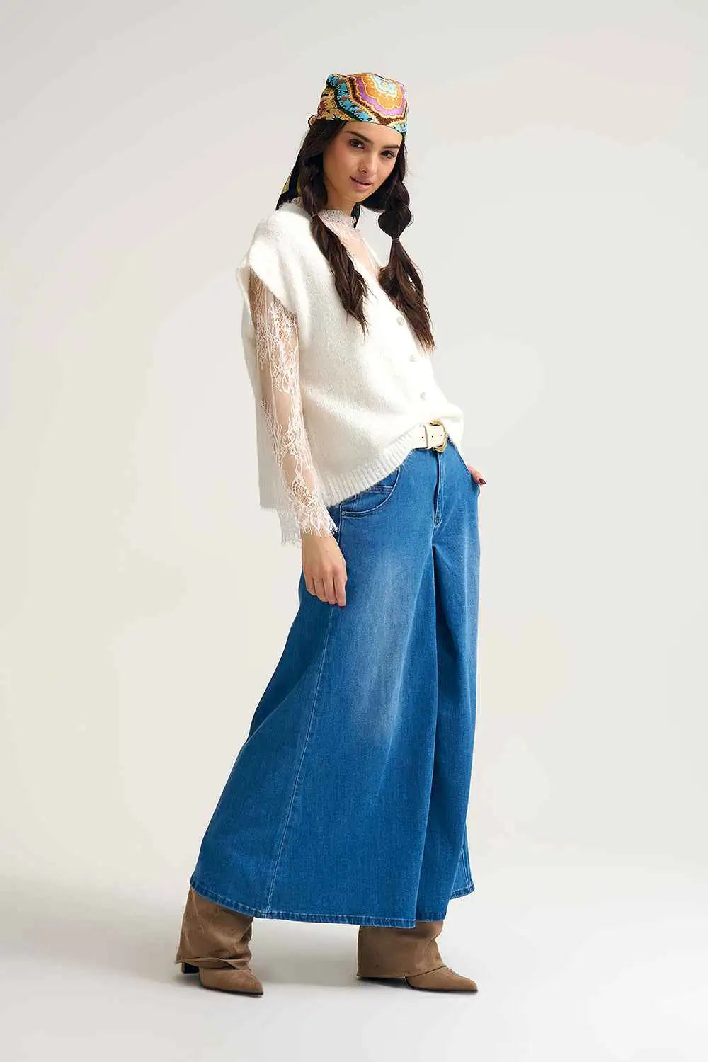 Falda pantalon vaquera extra ancha con pliegue delantero