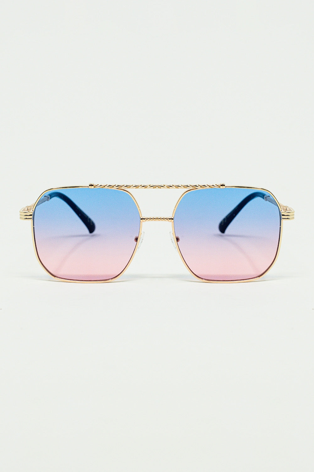 Q2 Gafas de sol con montura cuadrada dorada en azul claro degradado con rosa