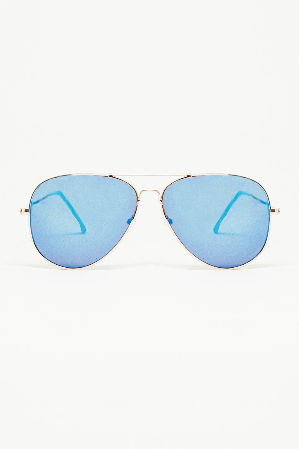 Q2 Gafas de sol de aviador retro con cristales ahumados azules y montura dorada