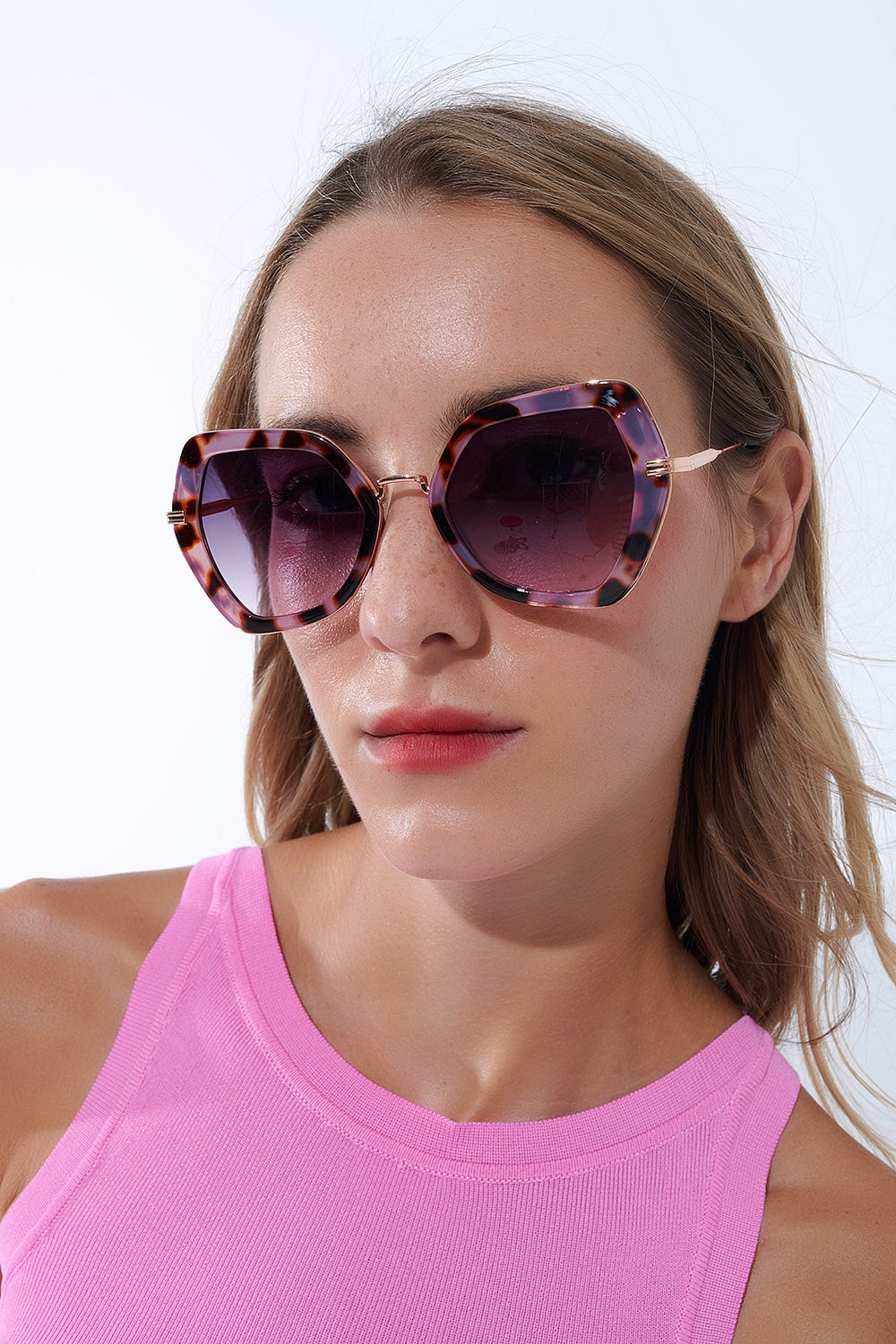 Gafas de sol extragrandes hexagonales ojo de gato en carey morado