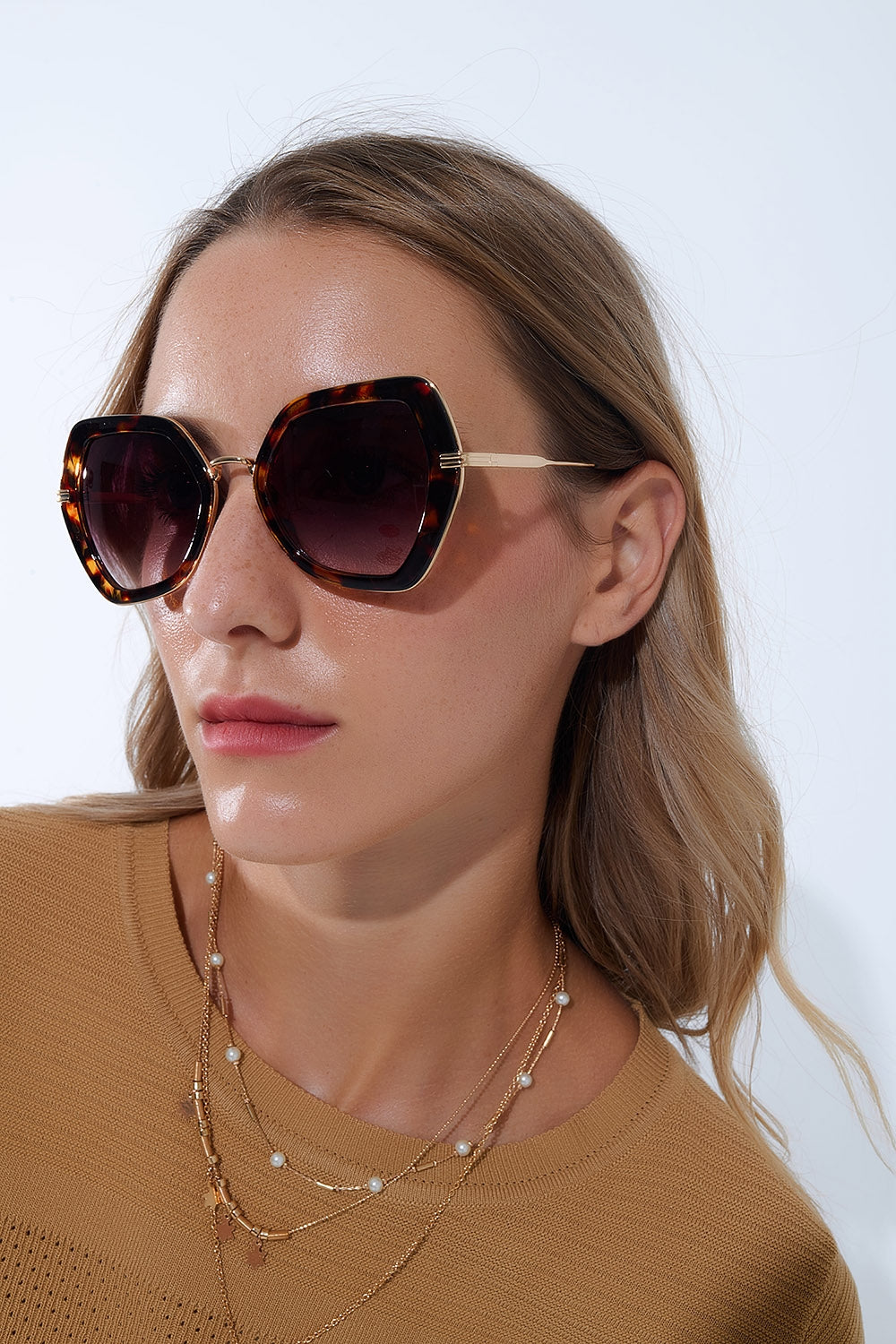 Gafas de sol extragrandes hexagonales ojo de gato en carey