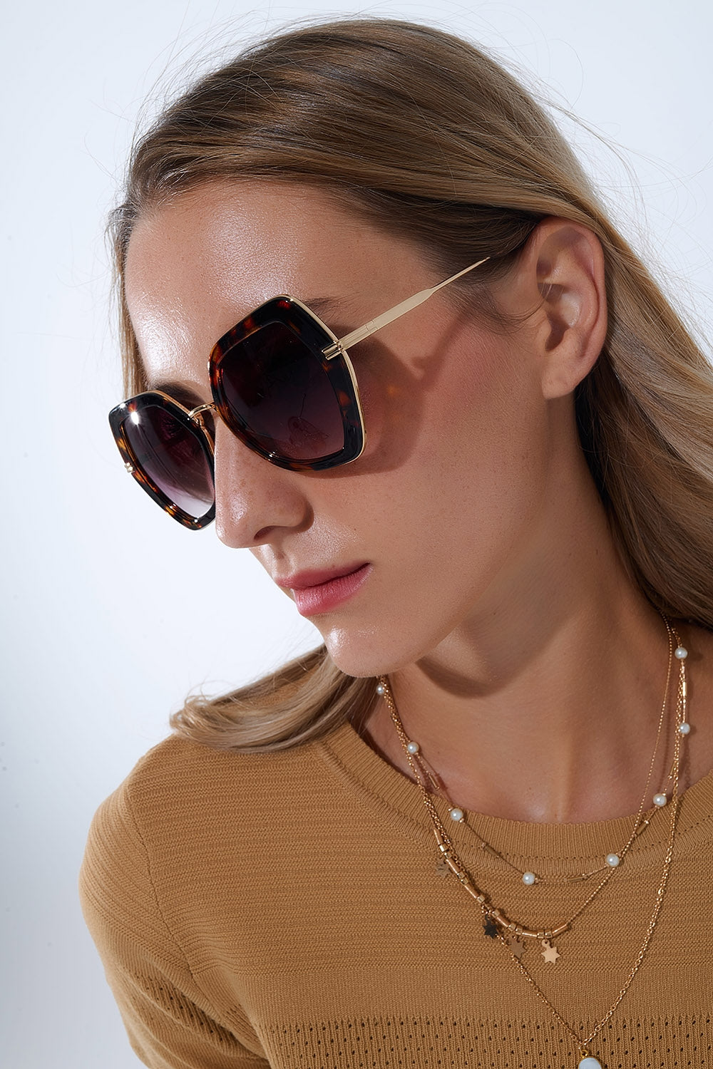 Gafas de sol extragrandes hexagonales ojo de gato en carey
