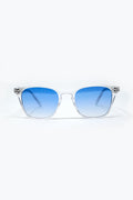 Gafas de sol cuadradas con montura transparente y lentes azul claro degradadas vista frontal.