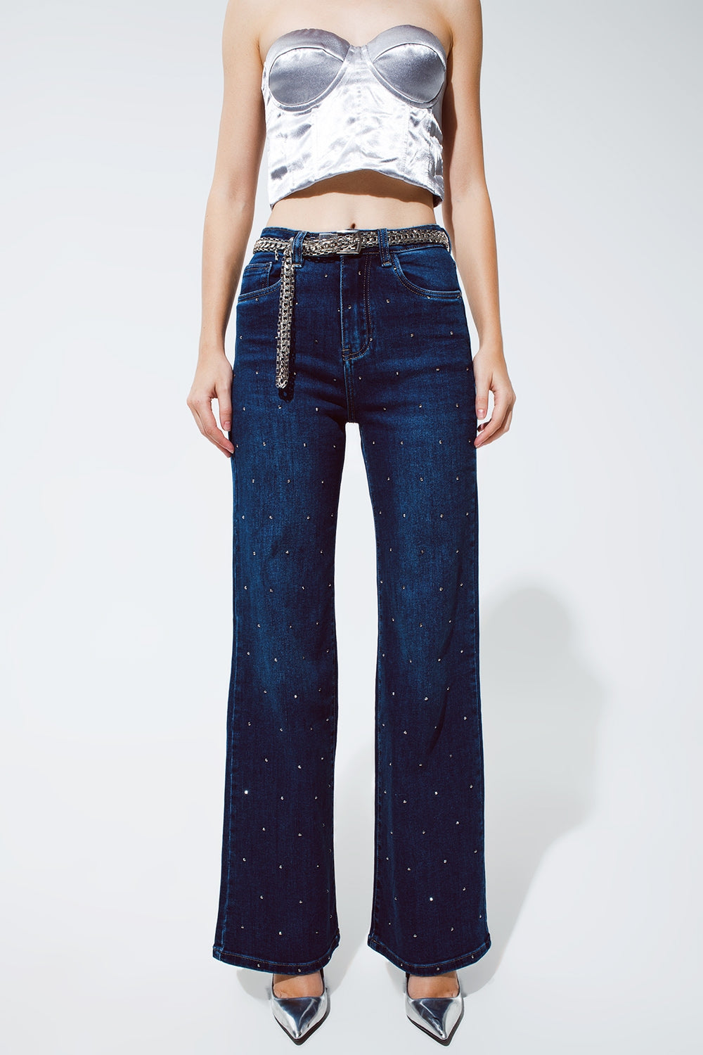 Jeans Pierna Recta con detalle de strass en Azul