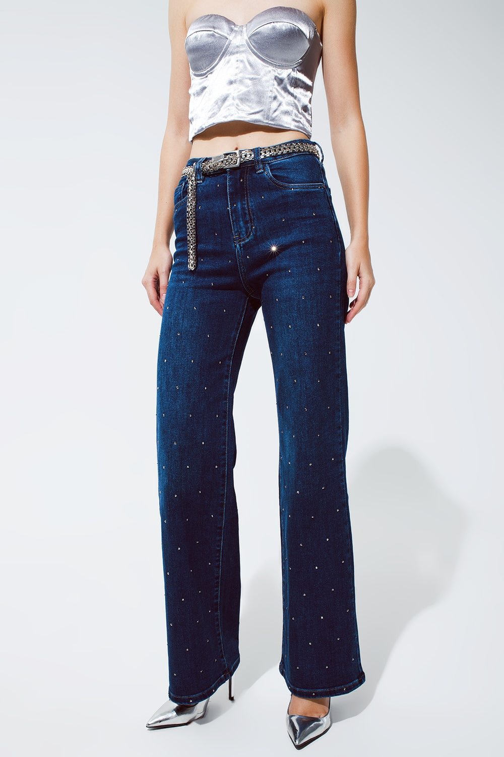 Jeans Pierna Recta con detalle de strass en Azul