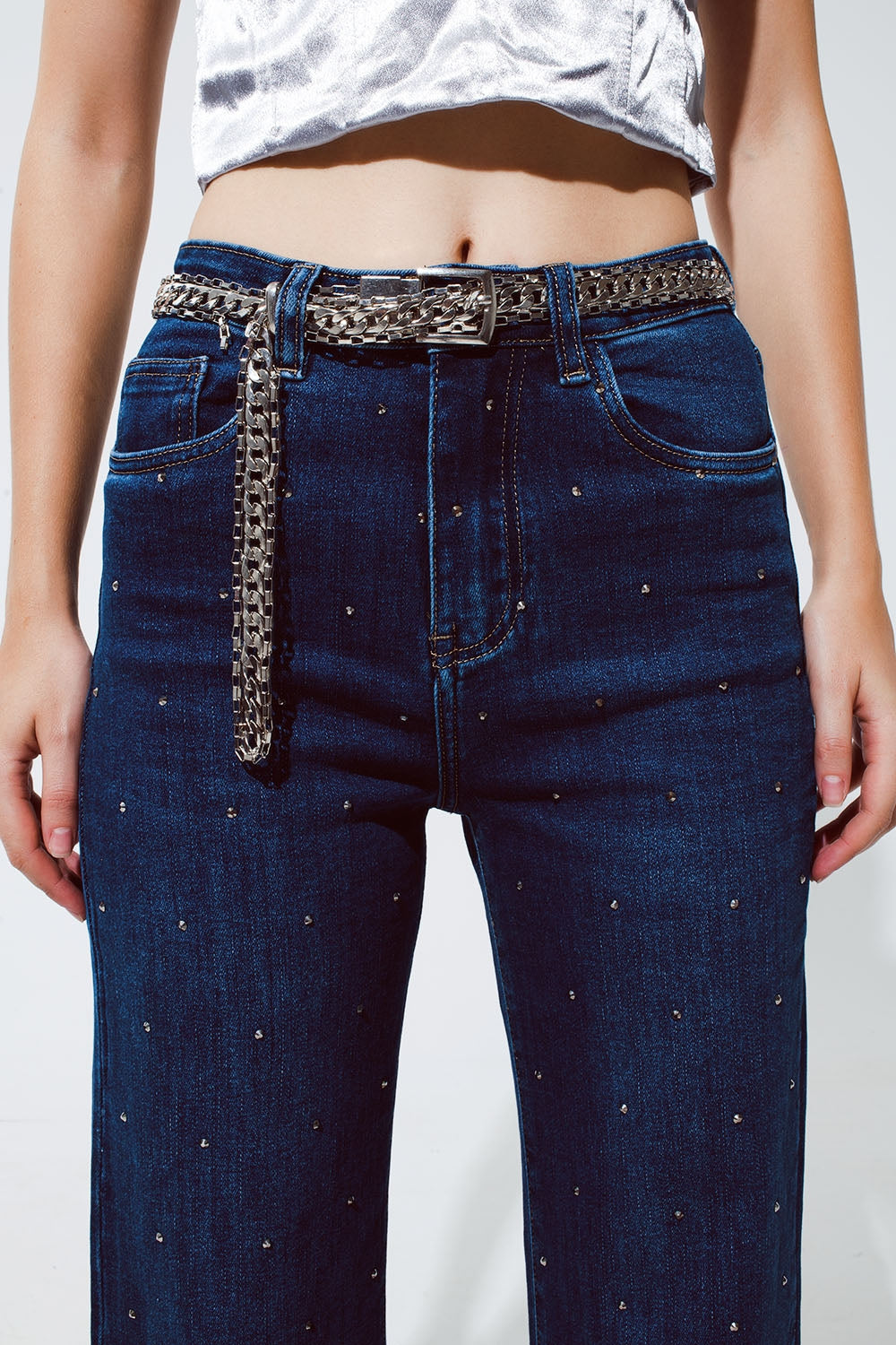 Jeans Pierna Recta con detalle de strass en Azul