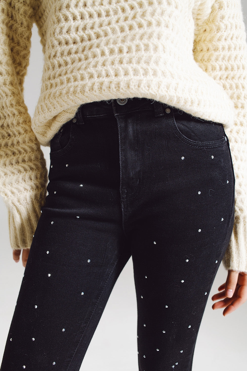Jeans skinny con Strass Embellecidos en Negro