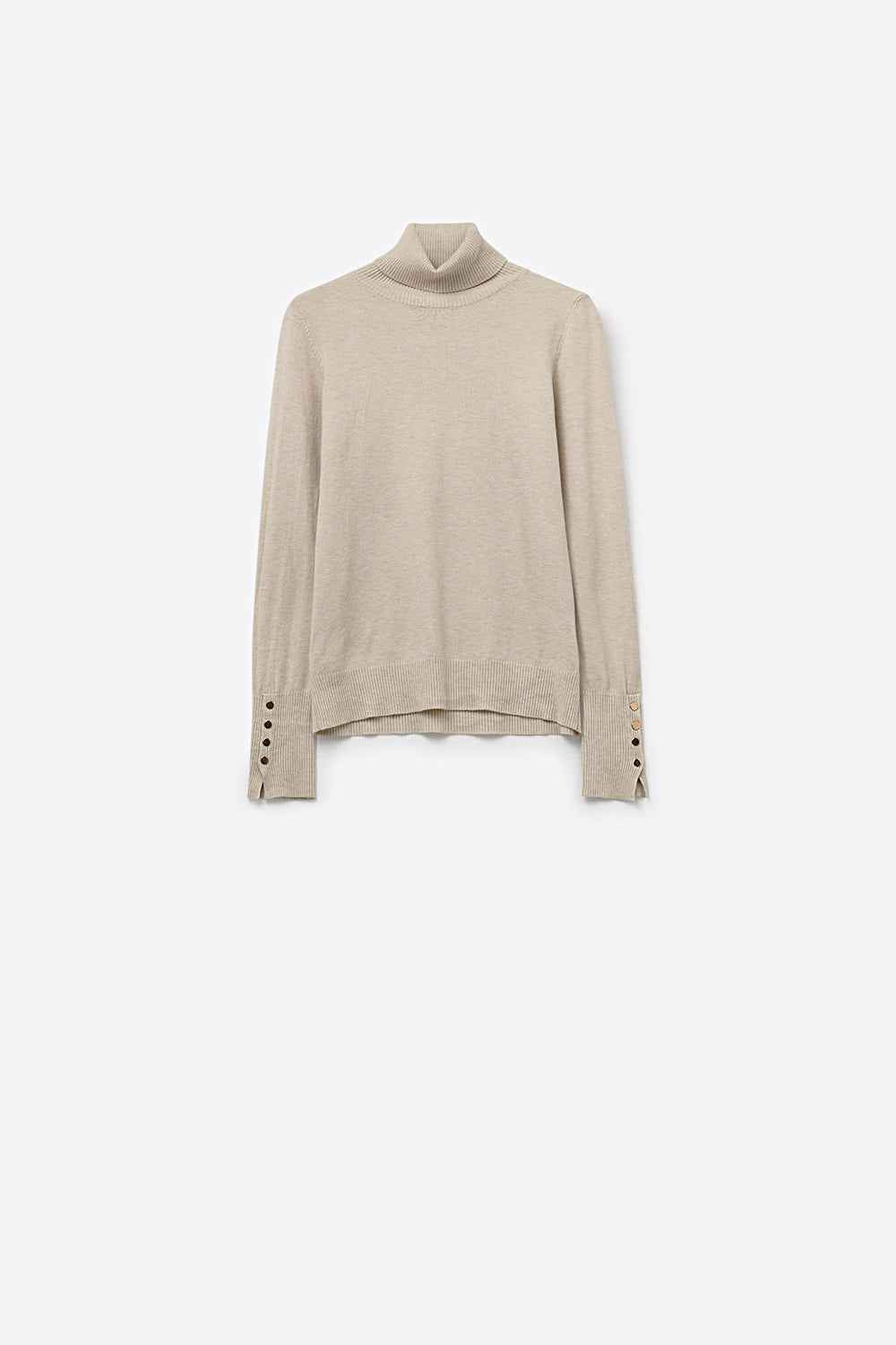 jersey beige de cuello alto con botones dorados en el puño
